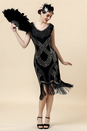 Svart Paljetterad Fransar 1920-Tals Gatsby Flapper Klänning med 20-Talets Tillbehörsset
